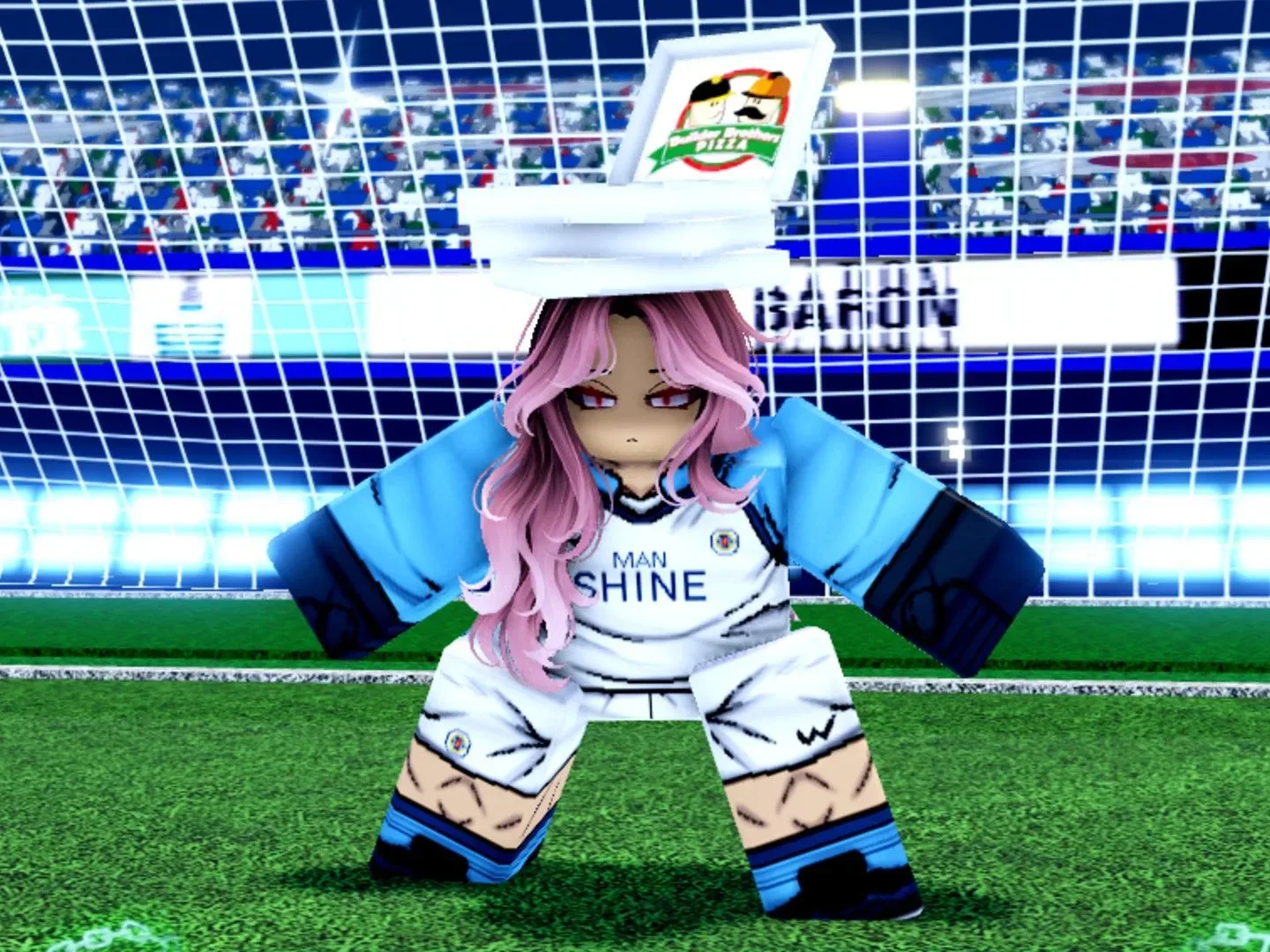 A pink-haired character stands in goal in Goalbound on Roblox.