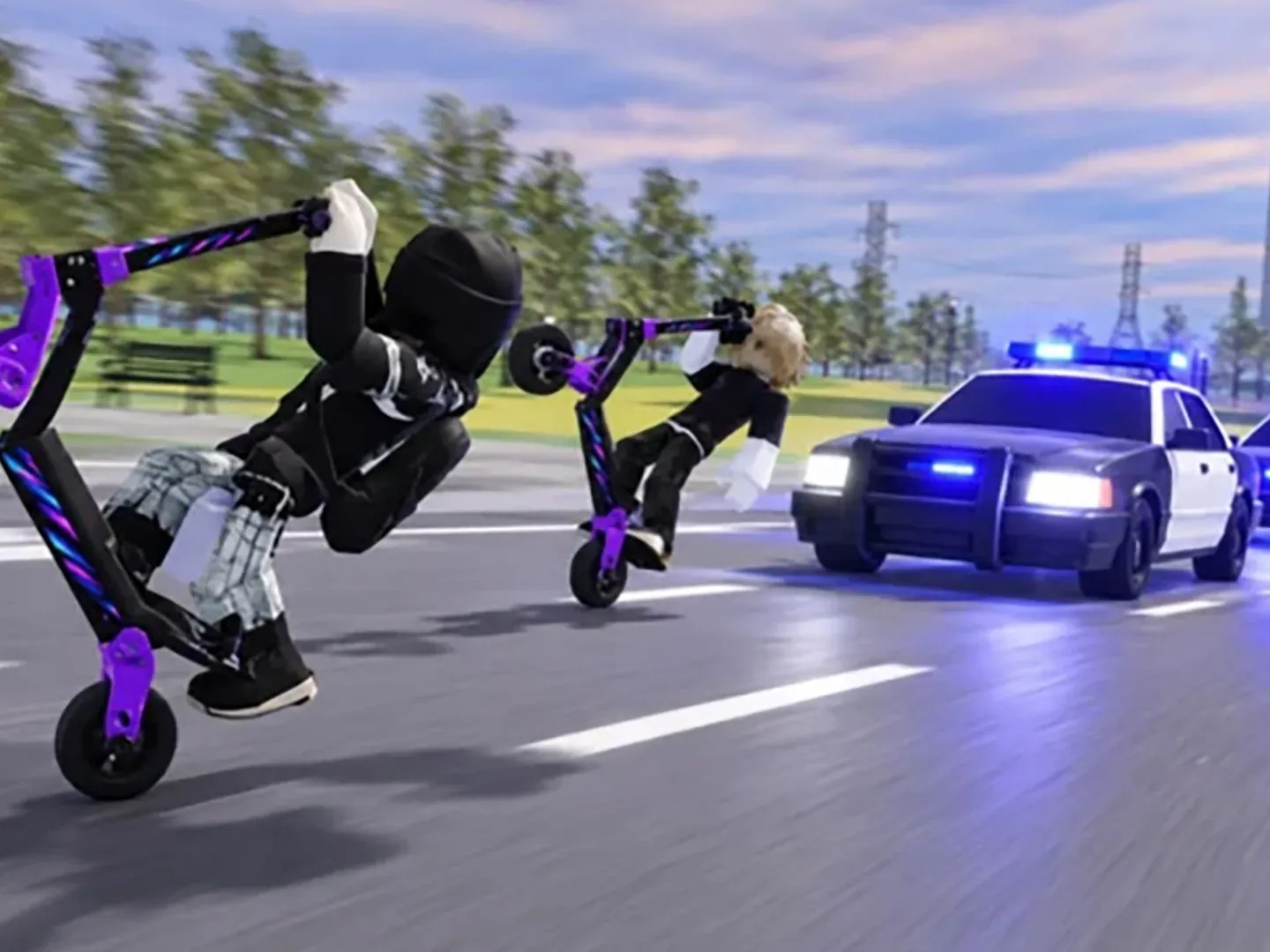 Press shot for Kukirin Life codes showing two players performing wheelies on e-scooters while being chased by several police cars