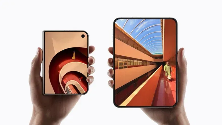 A foldable phone closed beside a conventional smartphone to show its compact form