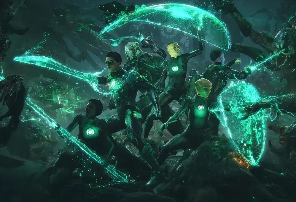 Concept art for the cancelled Emerald Knights Green Lantern series shows a group of Lanterns facing alien creatures