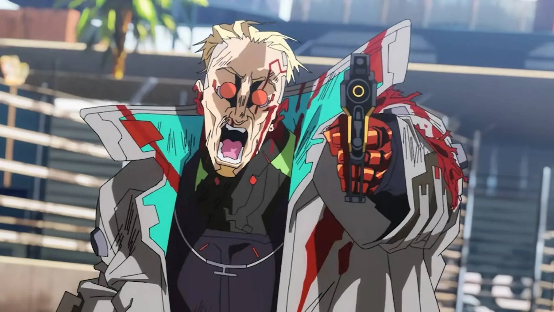 Cyberpunk 2077 character using a charged revolver with lightning effects against a group of enemies
