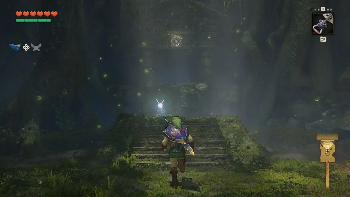 Adult Link approaches the crumbled steps at the entrance to the Forest Temple in The Legend of Zelda: Ocarina of Time remake