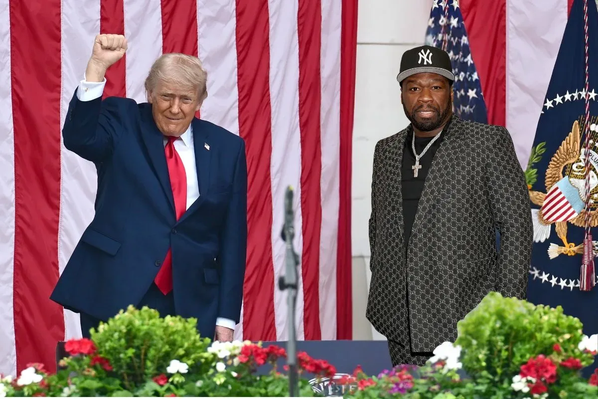 50 Cent reacts to footage of Donald Trump mentioning Nicki Minaj during a Michigan appearance