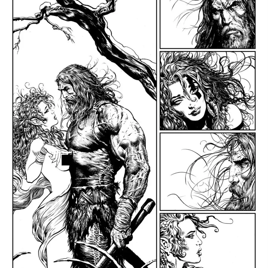 Black-and-white interior art preview context for Liam Sharp’s Conan sequel
