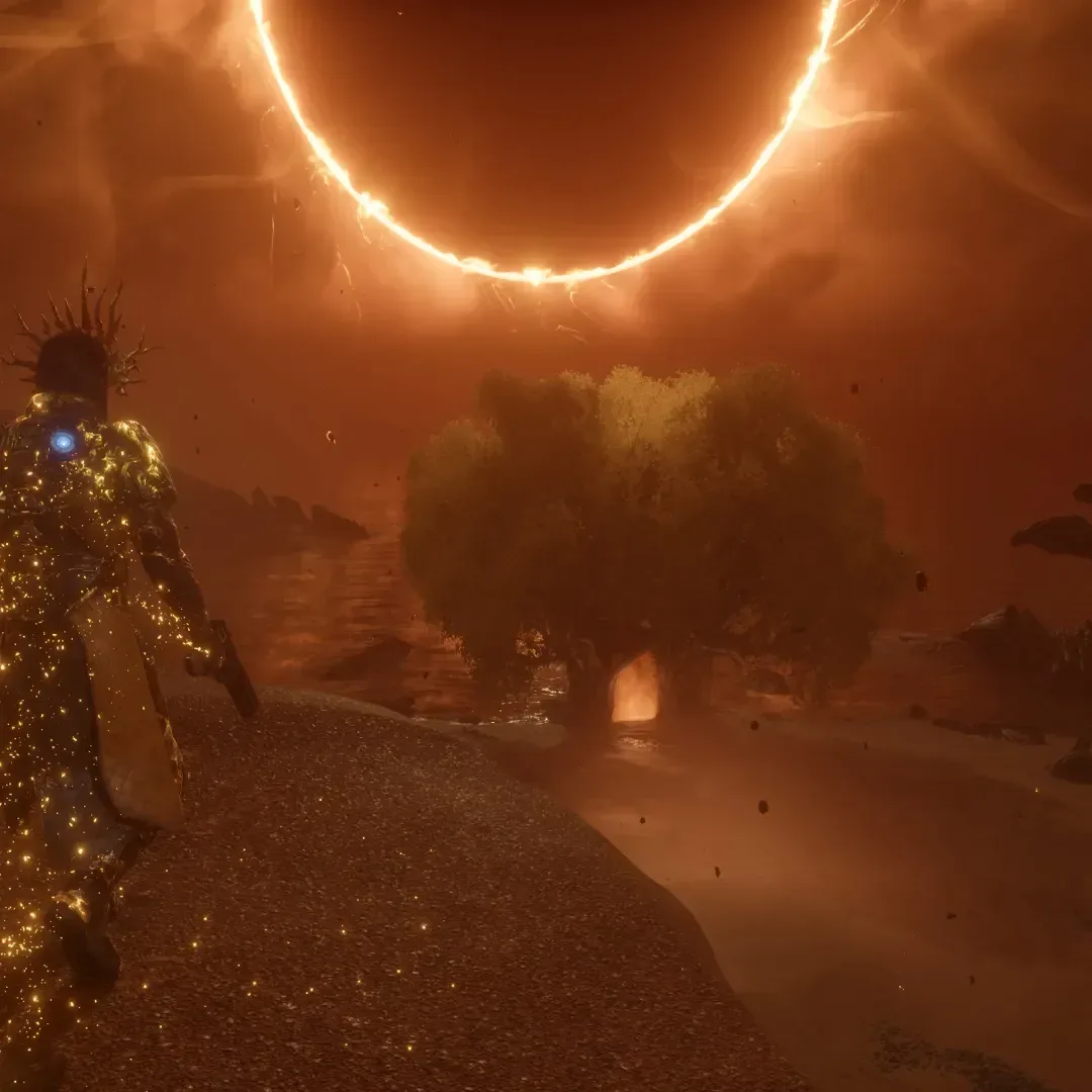Saros protagonist Arjun wearing the Zenith update’s golden crown and glowing armor