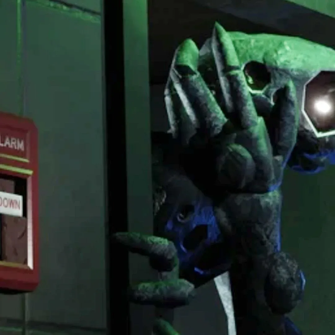 An alien peeks round a door in a promotional image for Doors on Roblox.