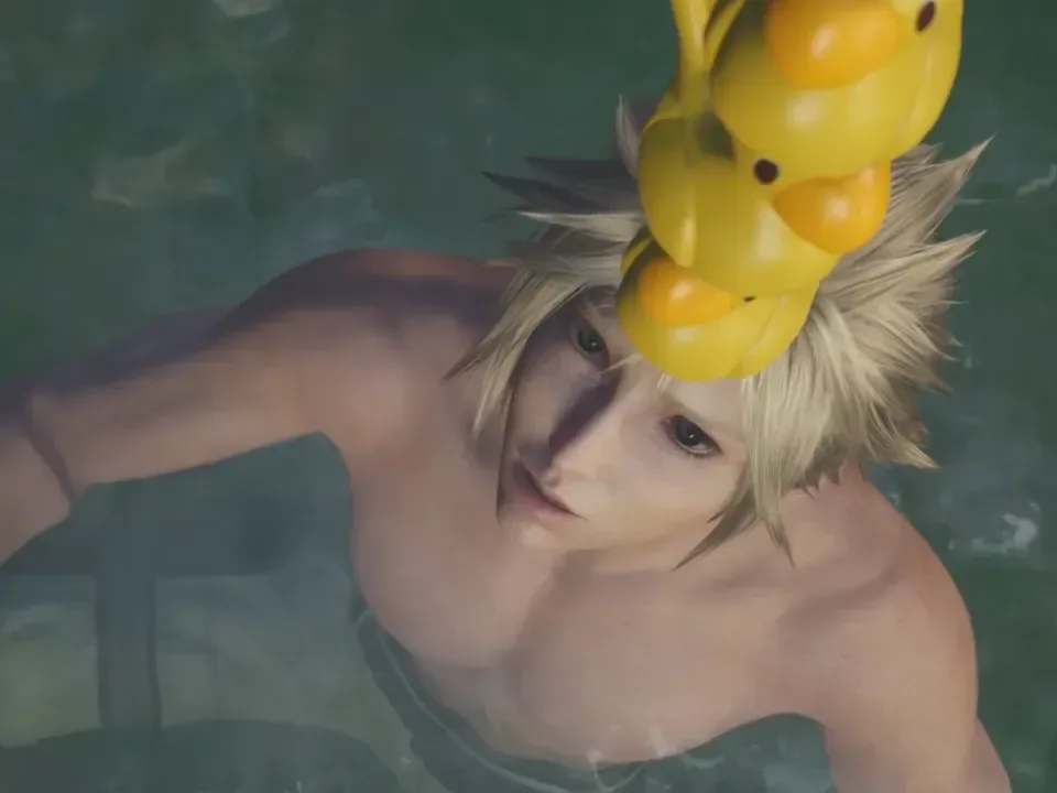 Final Fantasy 7 Revelation hot spring event featuring unlockable bathing suit skins