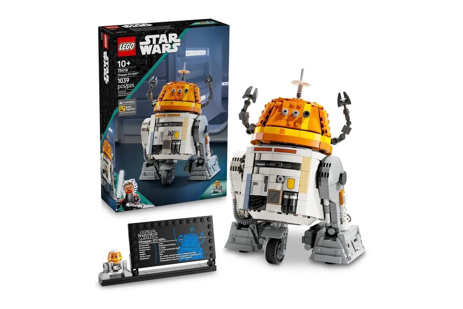 Built LEGO Star Wars Chopper Astromech Droid model on its display stand with plaque and smaller Chopper figure