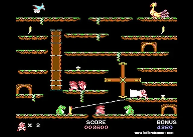Roc’n Rope Commodore 64 conversion showing a climber, rope and prehistoric enemies