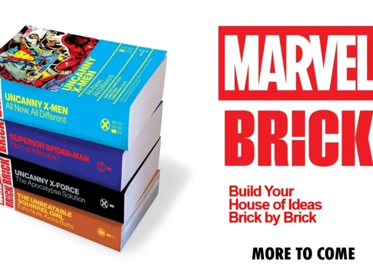 Stack of thick comic-book paperbacks representing Marvel Brick