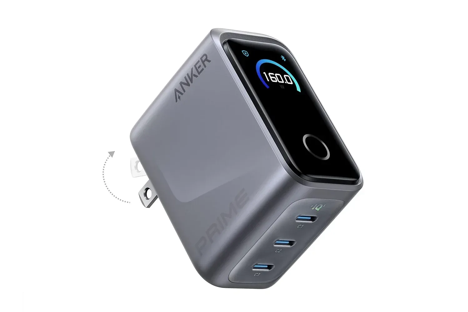 Anker Prime 160W three-port USB-C charger with its power display visible