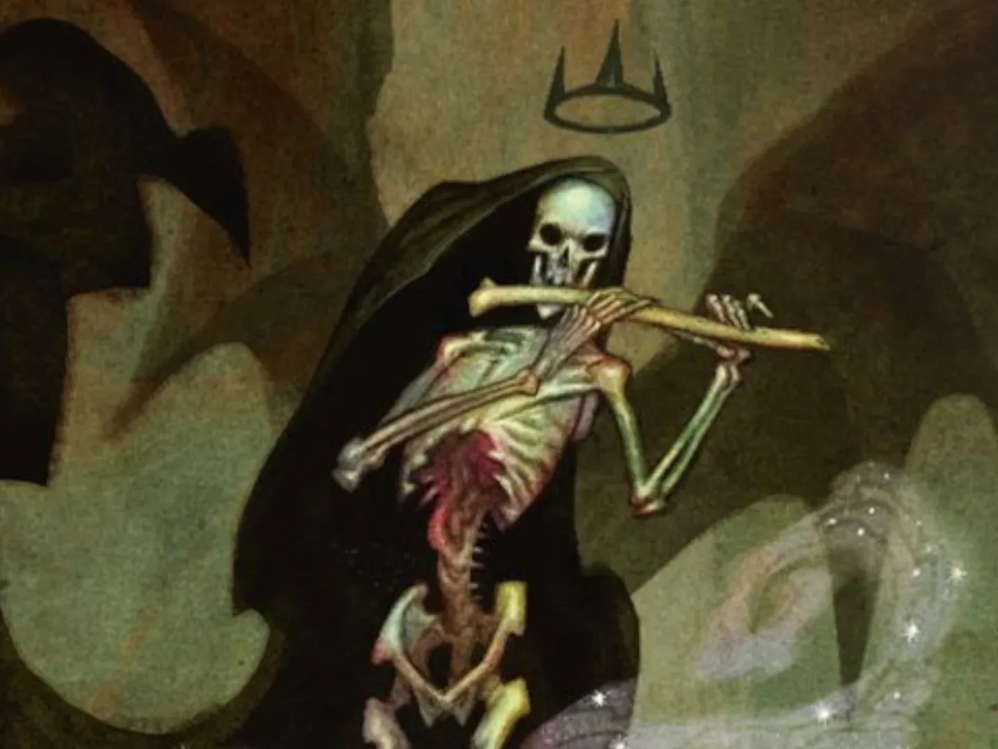 A skeletal Vaesen playing a bone flute, with dark wings, a cloak, and a floating crown