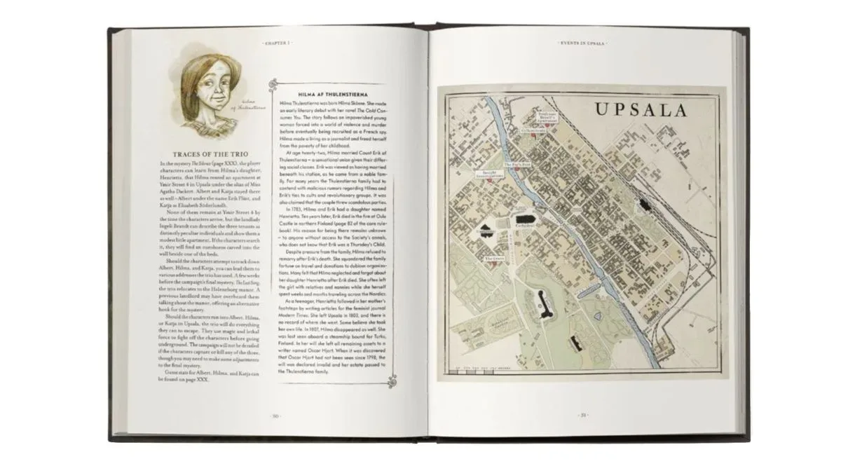 A double-page spread of Vaesen Death of Songs showing text, an illustration of a woman's face, and a map of Upsala