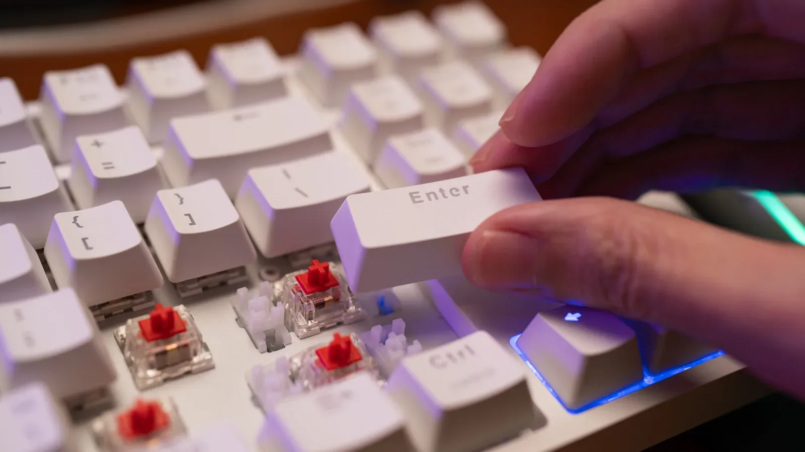 A custom mechanical keyboard with separate keycaps and switches laid out beside its case