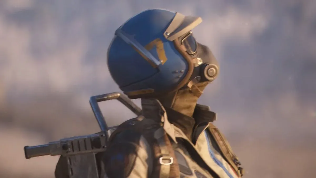 Arc Raiders character in blue motorcycle helmet with black visor and mask