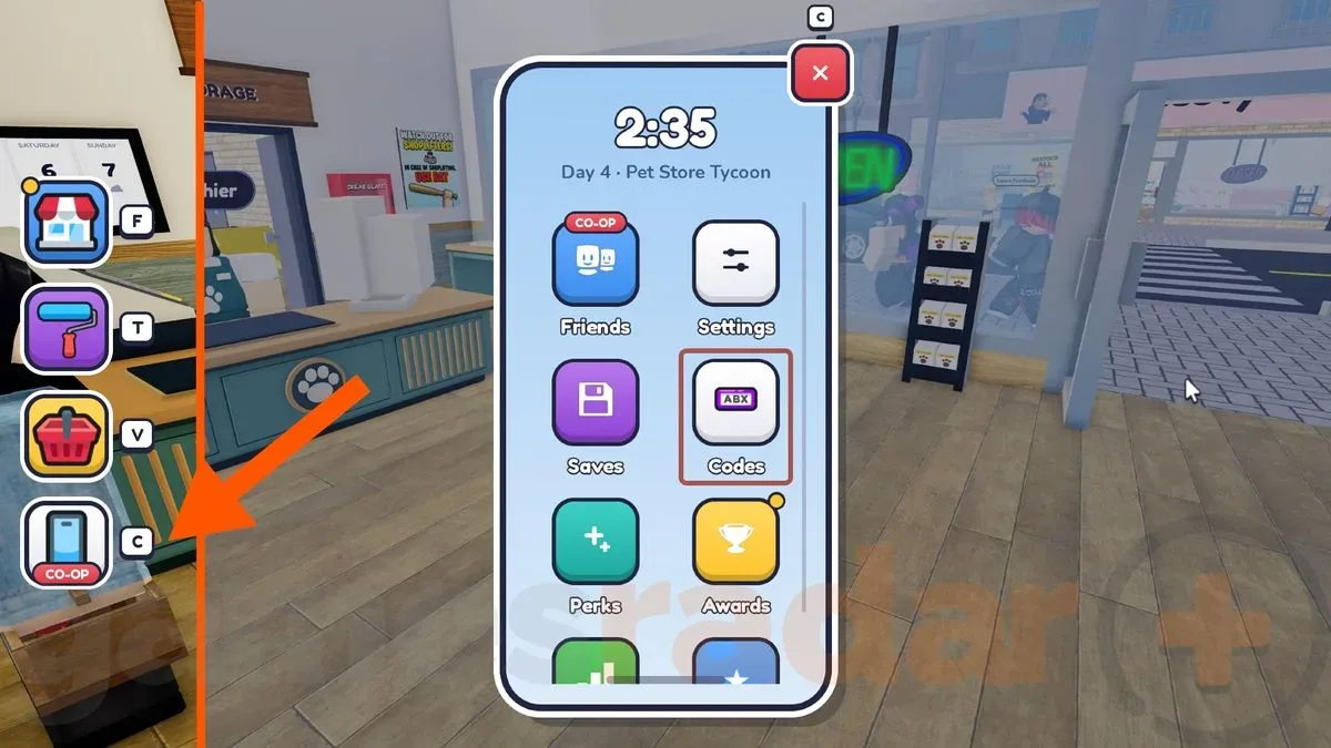 An orange arrow points to the phone button where you can open your cell phone and redeem Pet Store Tycoon codes.