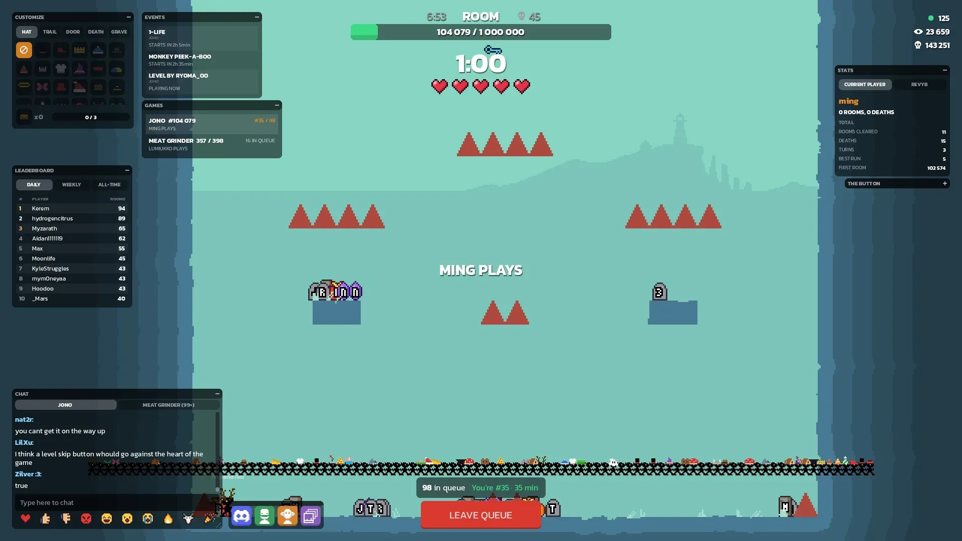 Jono players watch a shared platforming run with chat and cosmetic stick-figure hats