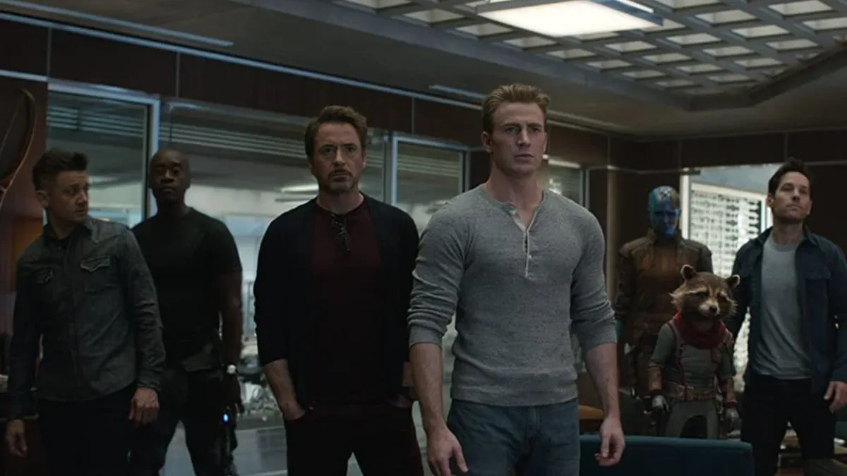 From left to right: Jeremy Renner as Hawkeye; Don Cheadle as Rhodey; Robert Downey Jr. as Tony Stark; Chris Evans as Steve Rogers; Karen Gillan as Nebula; Rocket Raccoon; and Paul Rudd as Scott Lang in Avengers: Endgame.