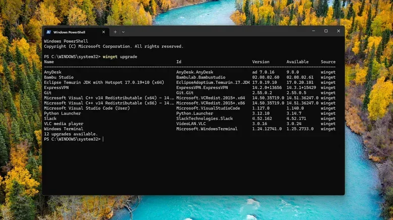 Windows PowerShell showing WinGet results with 12 app upgrades available.