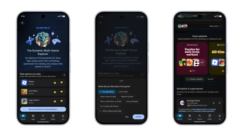 The Gamer DNA and Game Playlists in the Play Store's new Game Finder feature.