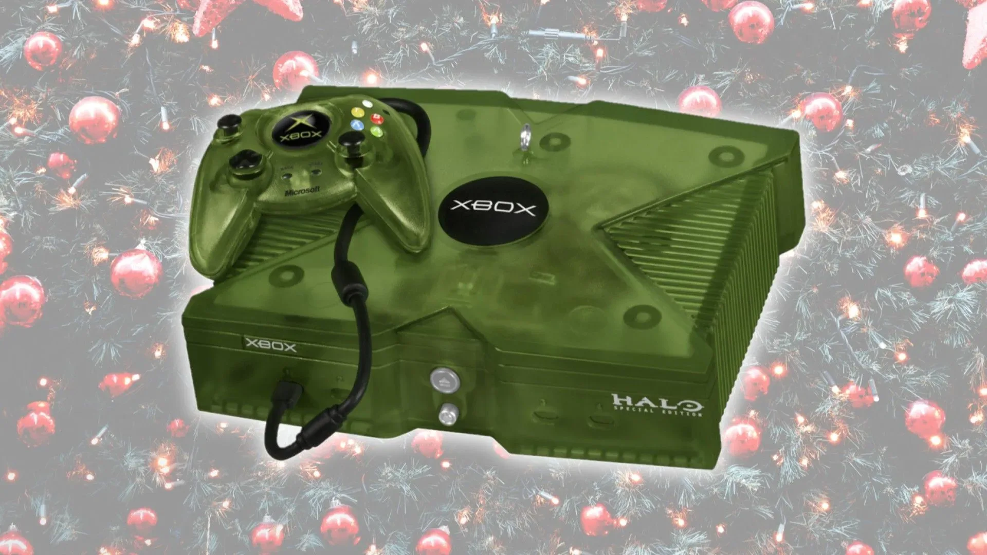 Hallmark Halo-themed translucent green Original Xbox Keepsake ornament with miniature controller