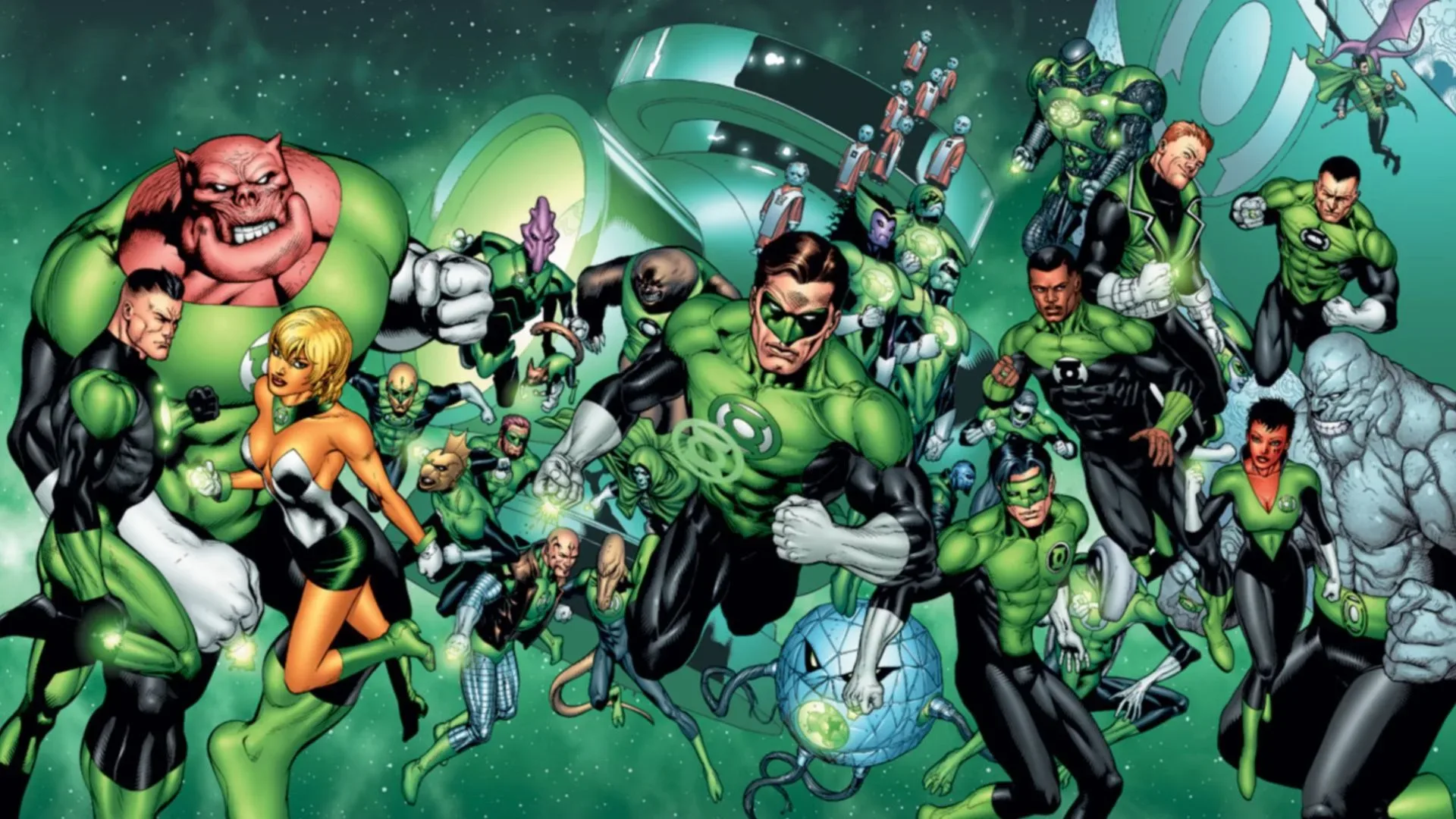 Concept art for Emerald Knights showing Green Lanterns including Guy Gardner, Kilowog and Sinestro in a space battle