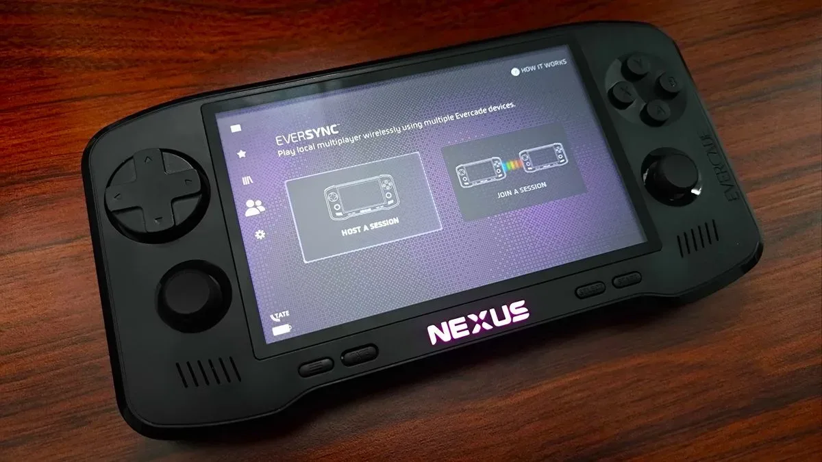 Evercade Nexus on woodgrain desk with EverSync multiplayer menu open.