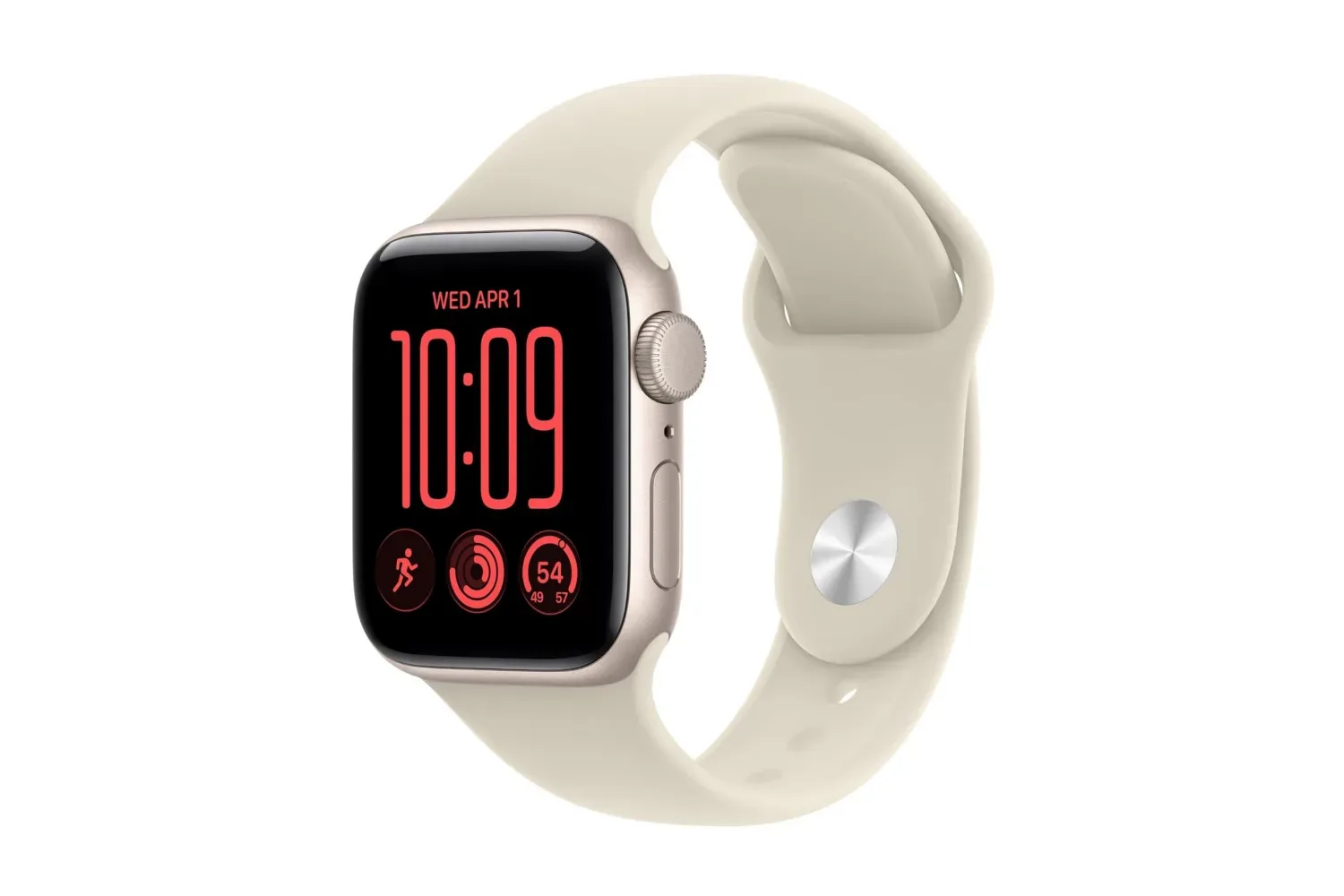 Apple Watch SE 3 in Starlight Aluminum with a Sand Sport Band