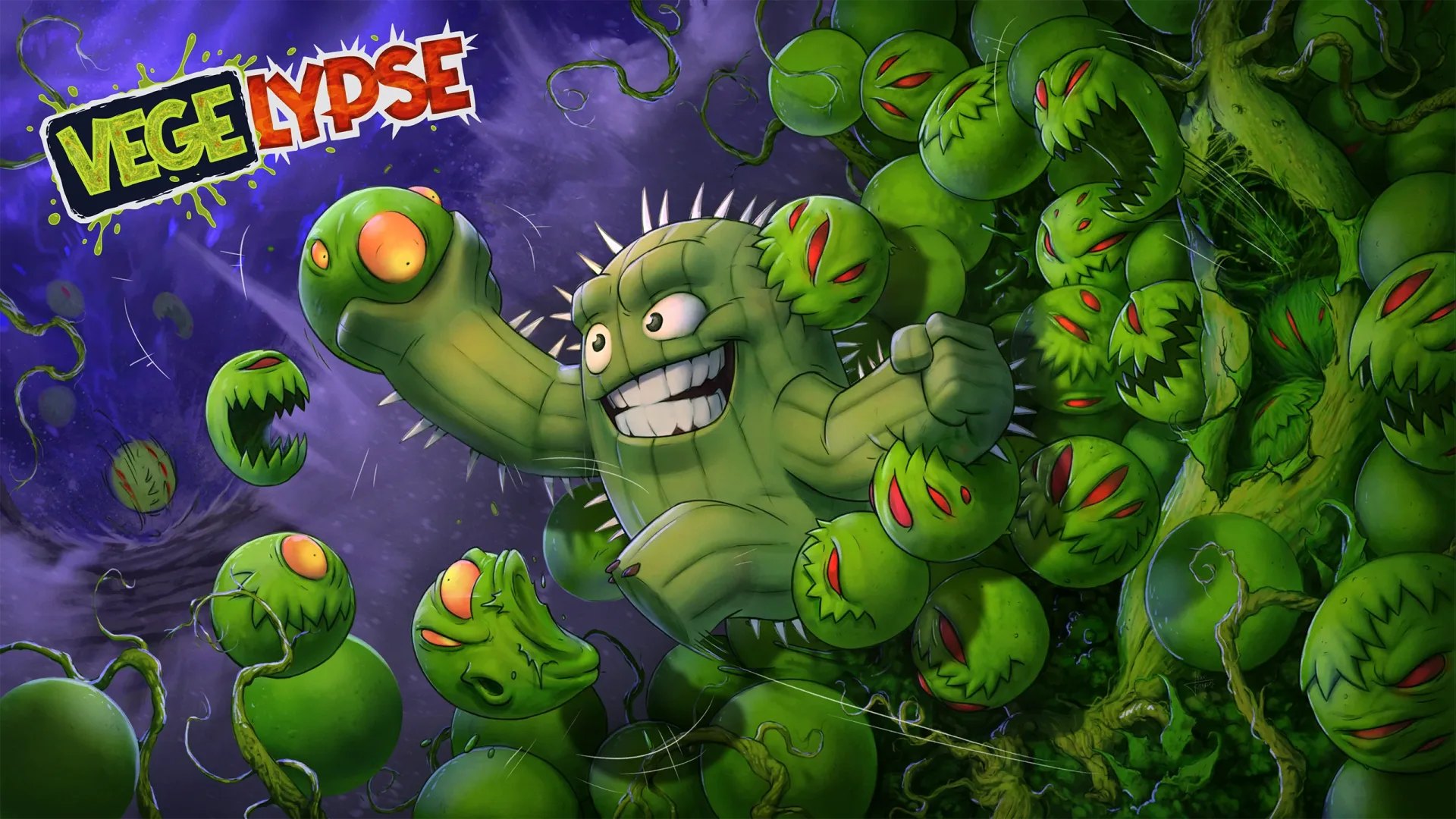 Vegelypse artwork showing the Hard Rock Cacti Band fighting mutated fruit and vegetables