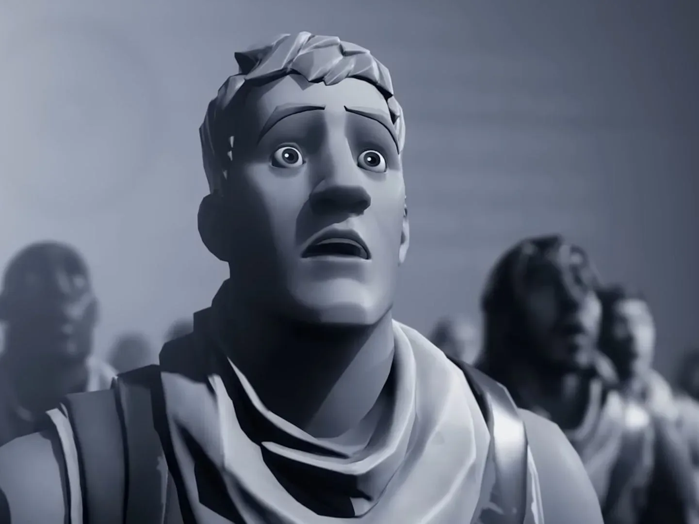 Black and white shot of stunned Fortnite character