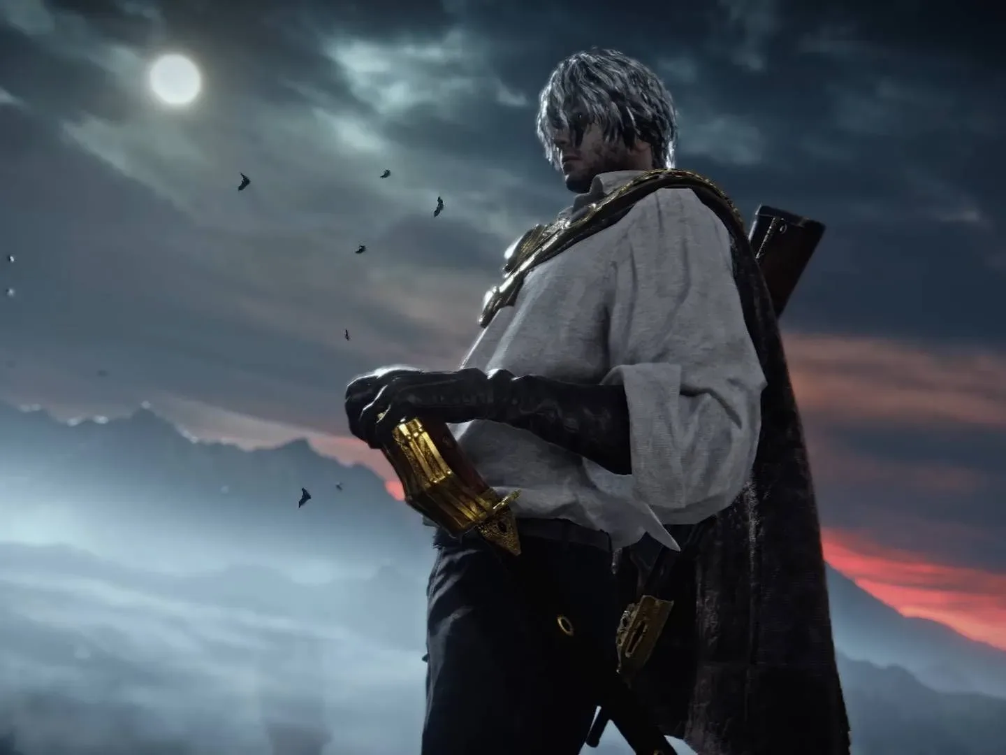 The Duskbloods Albert standing outside with his hand on this sword hilt