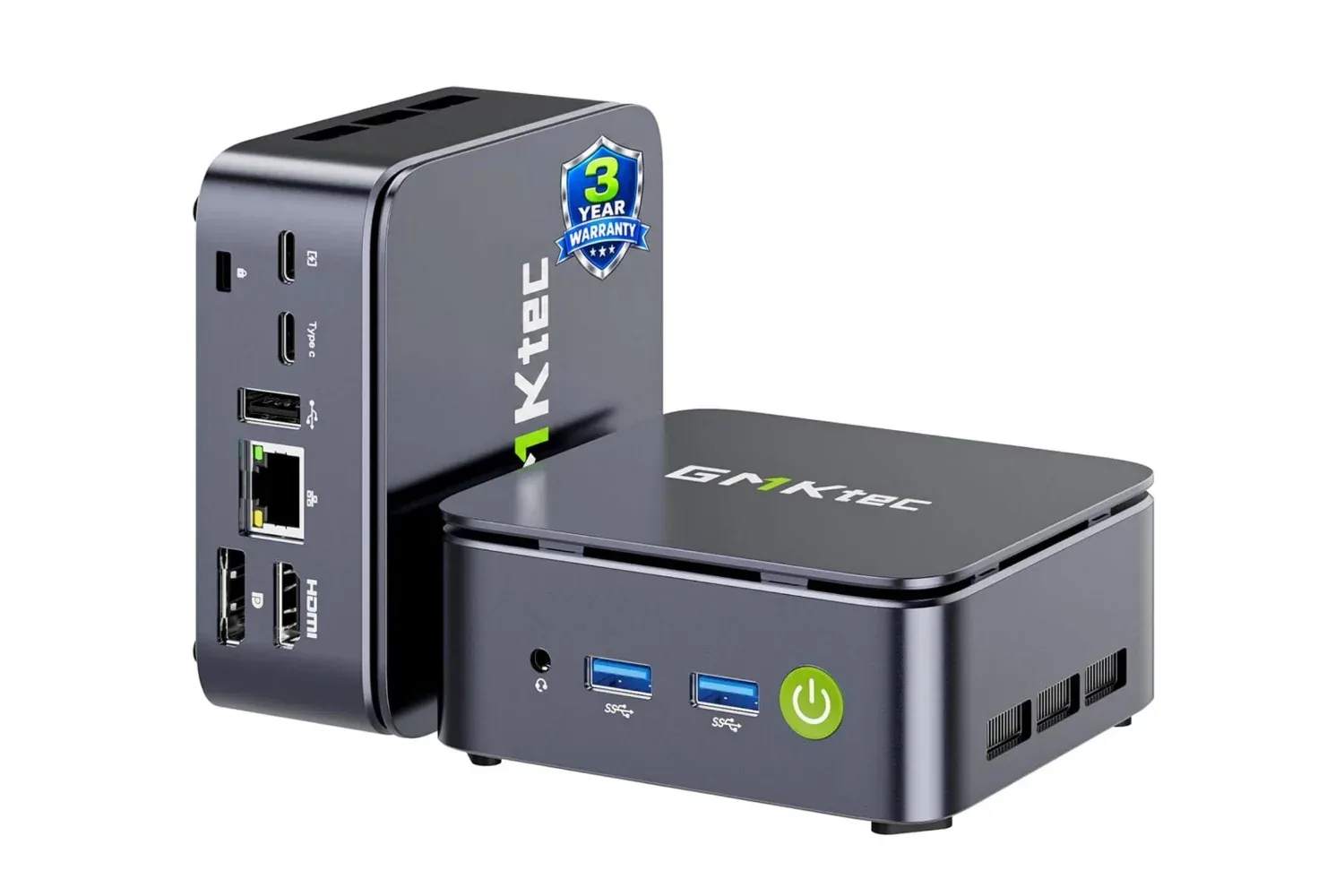 GMKtec G10 mini PC shown in a compact desktop setup