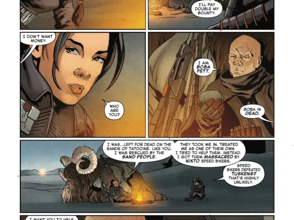 Boba Fett carries Fennec Shand across the desert in Star Wars comic art