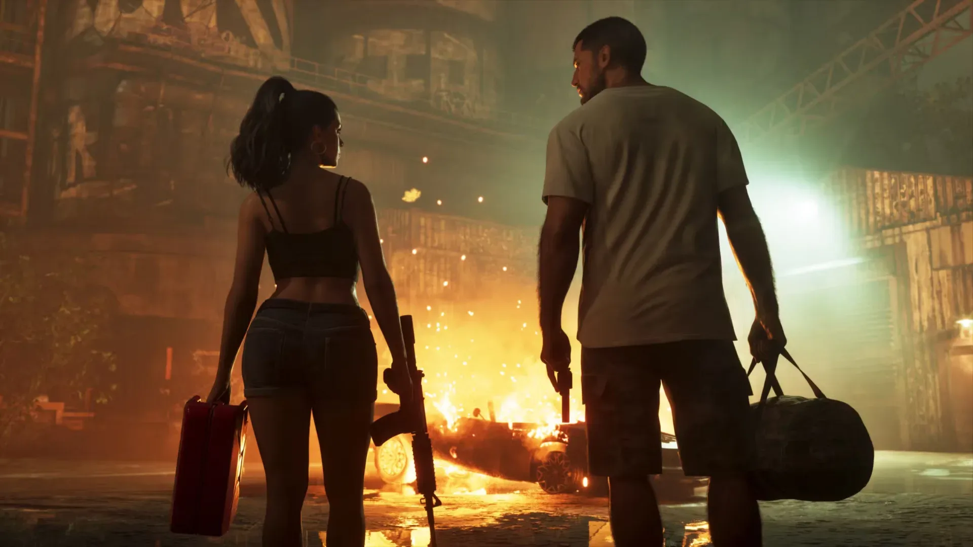 An illustrative GTA 6-themed city scene with a cryptocurrency chart falling in the foreground