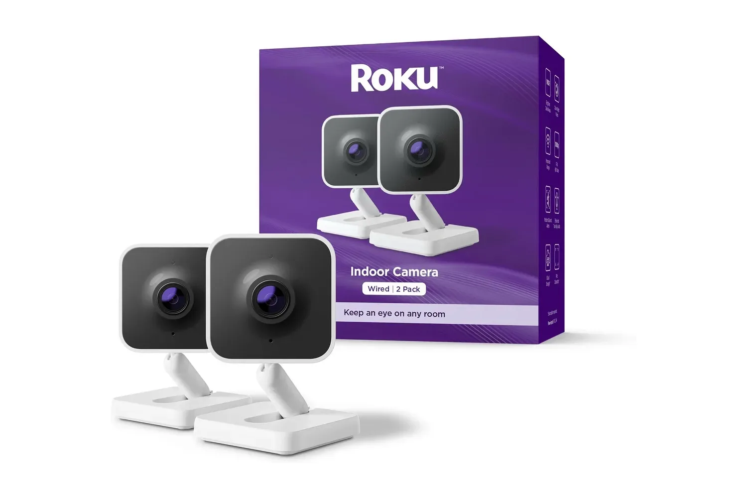 Roku Indoor Camera positioned on a shelf with its privacy shutter visible