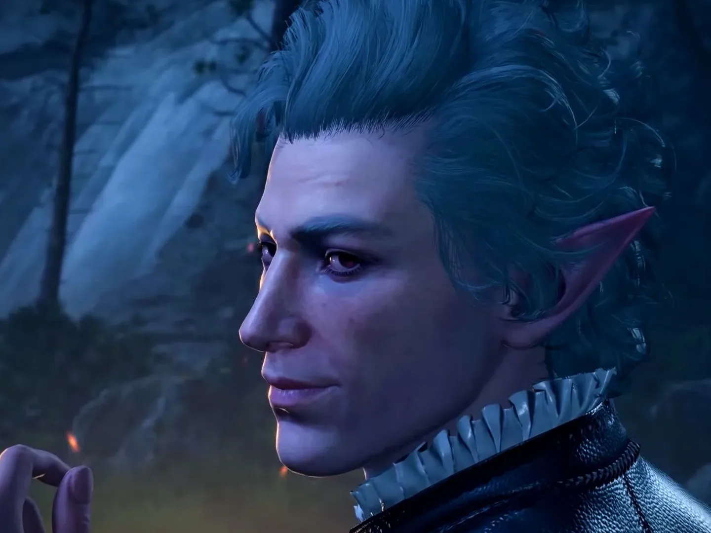 Baldur's Gate 3 screenshot showing Astarion, a pale male elf with short curly white hair and red eyes, looking over his shoulder with a smirk on his face