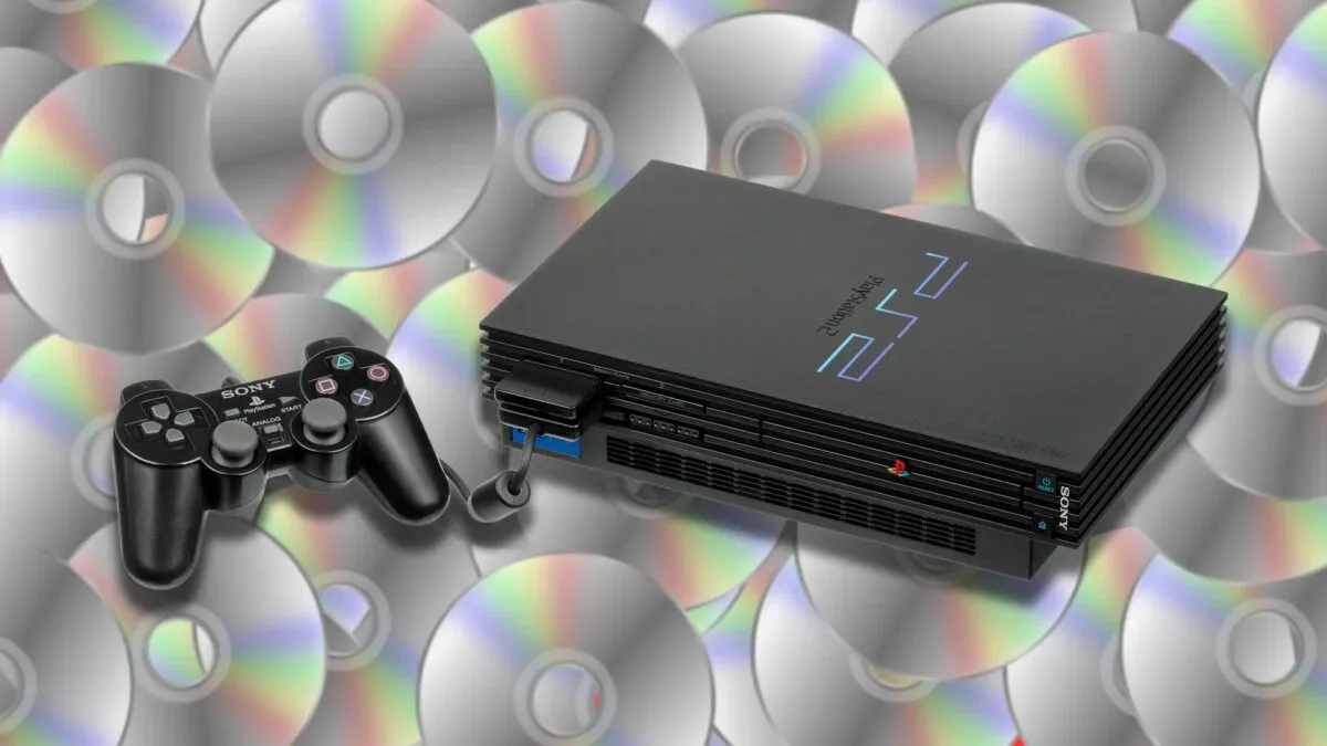 A PlayStation 2 game disc beside a PlayStation 5 console, illustrating PS5SX2 disc dumping