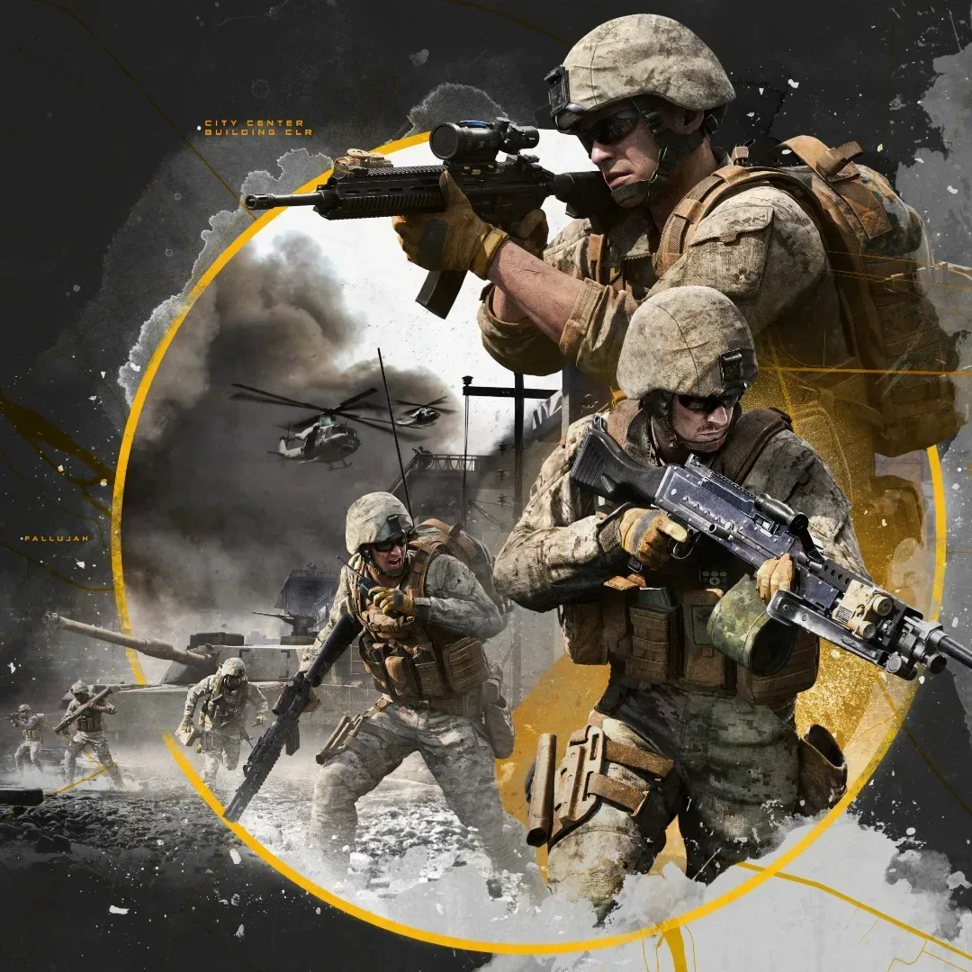 Squad tactical shooter battlefield scene promoting the PS5 and Xbox Series X|S versions