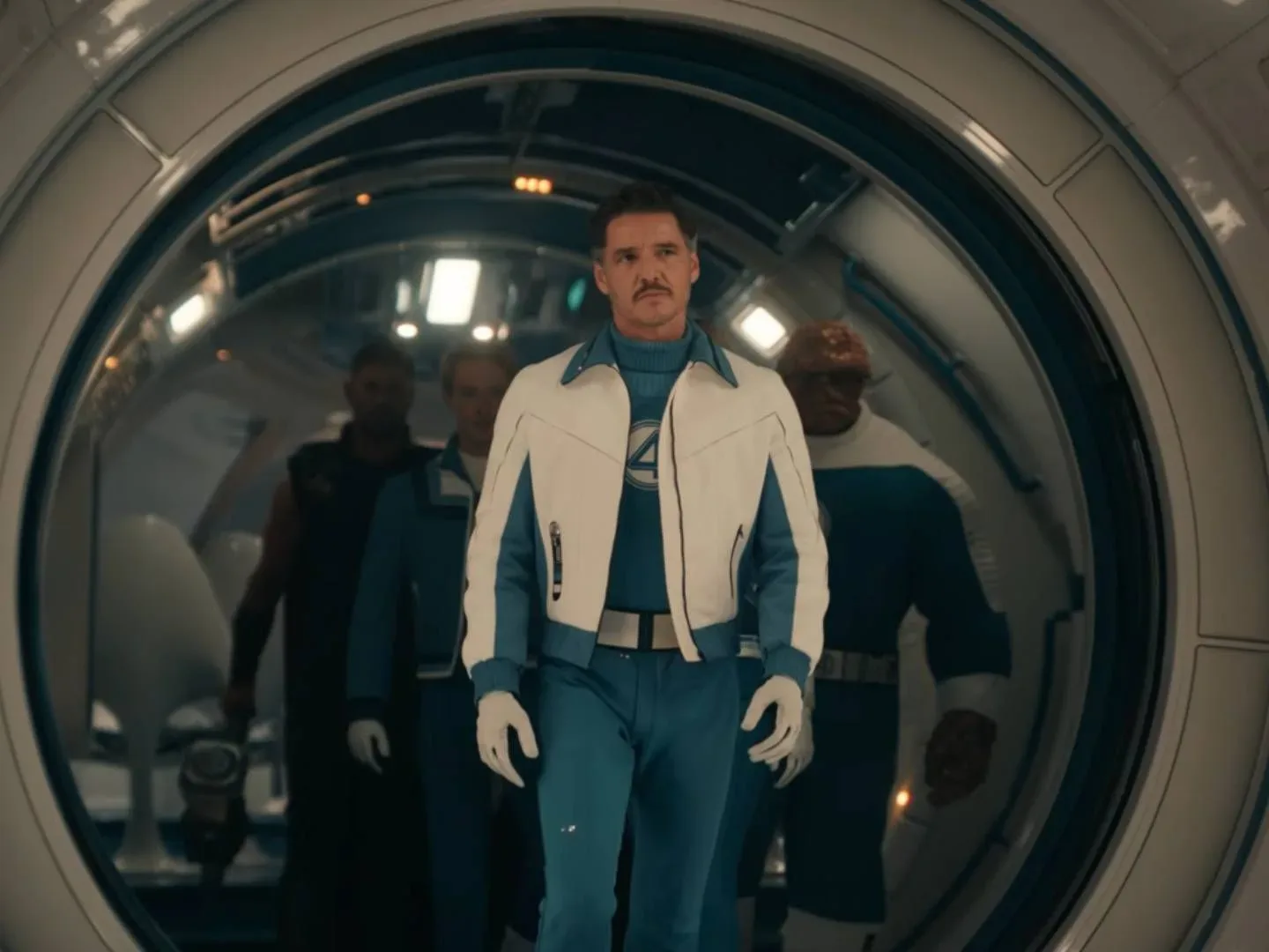 Pedro Pascal as Reed Richards with the Fantastic Four and Thor in Avengers: Doomsday