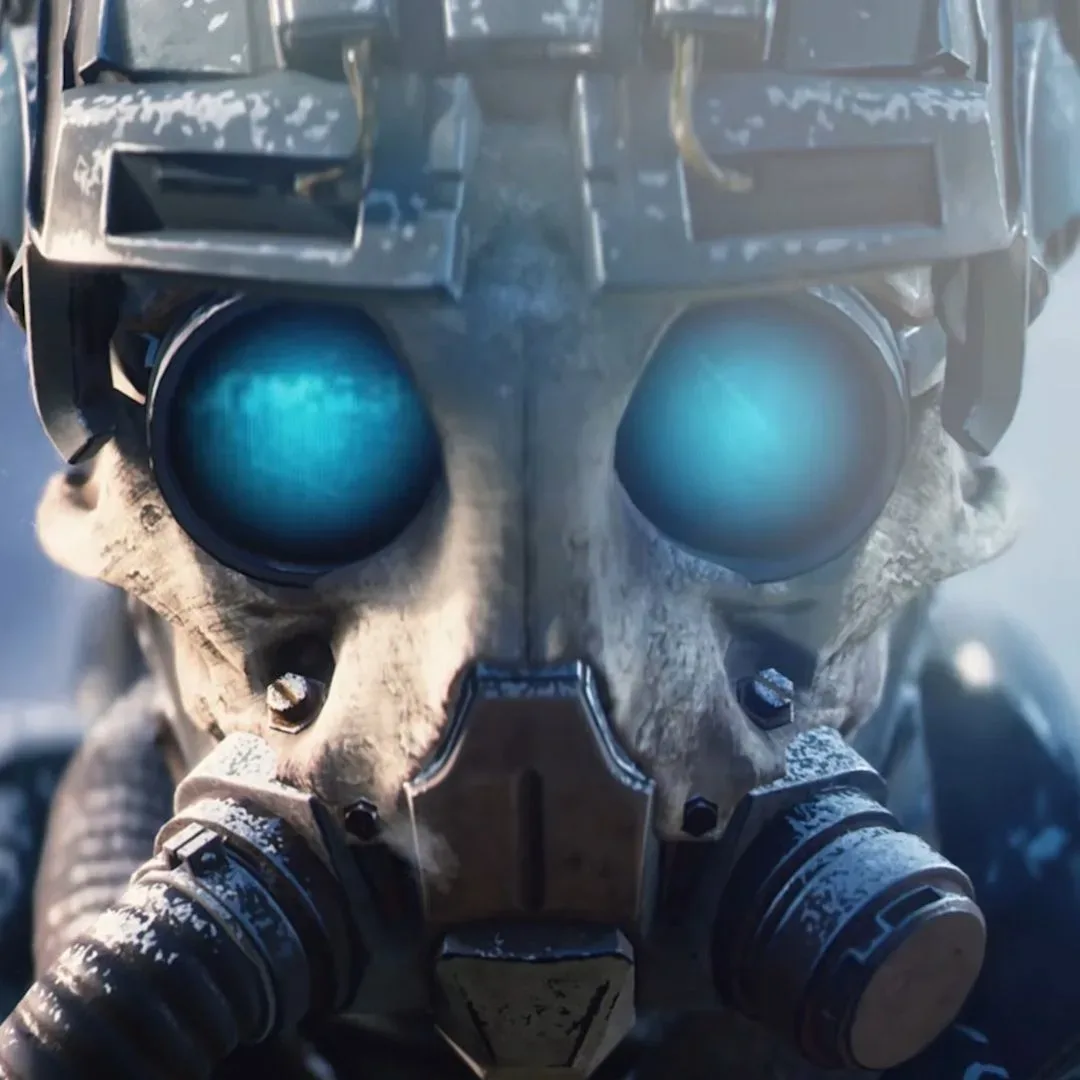 Arc Raiders player in skull helmet with blue lens eyes