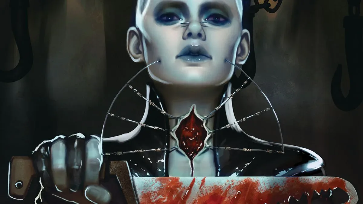 The Female Cenobite (also known as Mother Superior, or The Fallen) - who is pale, clothed in leather, and has ripped open throat - holds out a bloodied, jagged knife that has a curve on the end