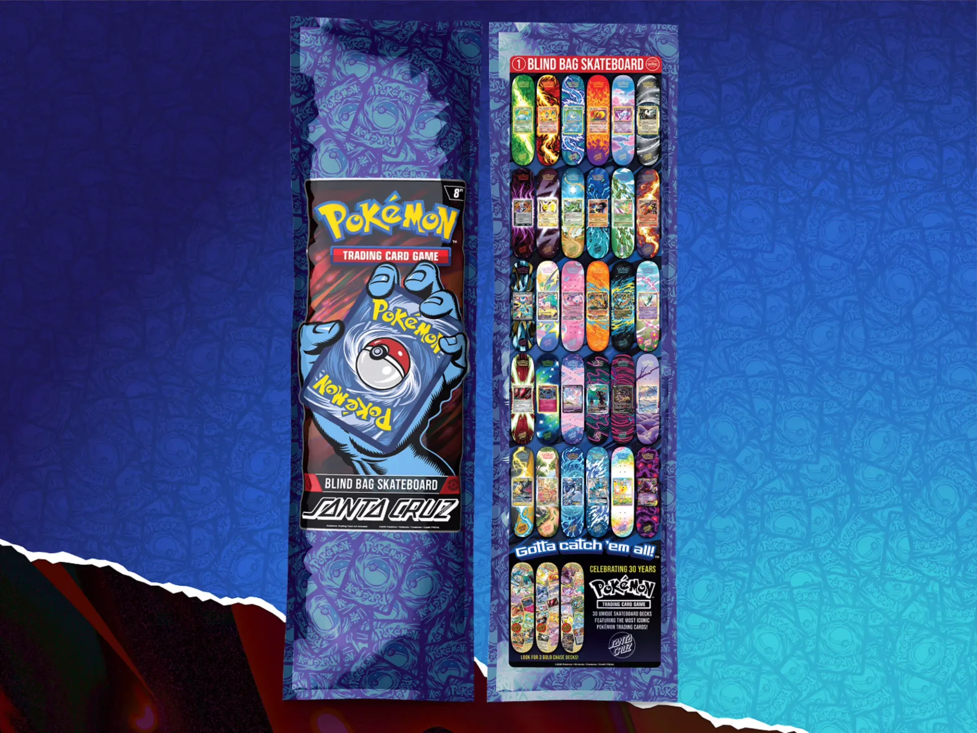 Glitter-gold Pokémon TCG Santa Cruz skateboard deck with a collage of card artwork