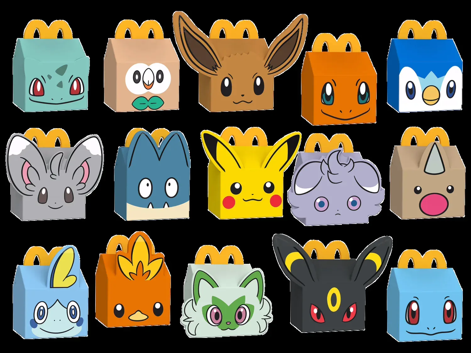 Pikachu, Umbreon and Torchic themed Pokémon Happy Meal boxes