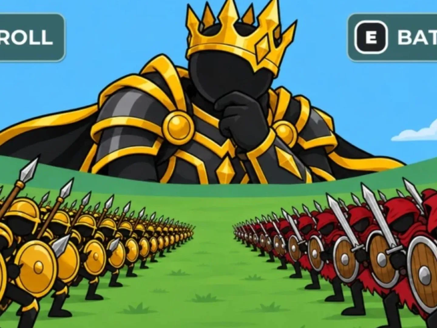 A large stickman oversees two stickman armies in Roll a Stickman on Roblox.