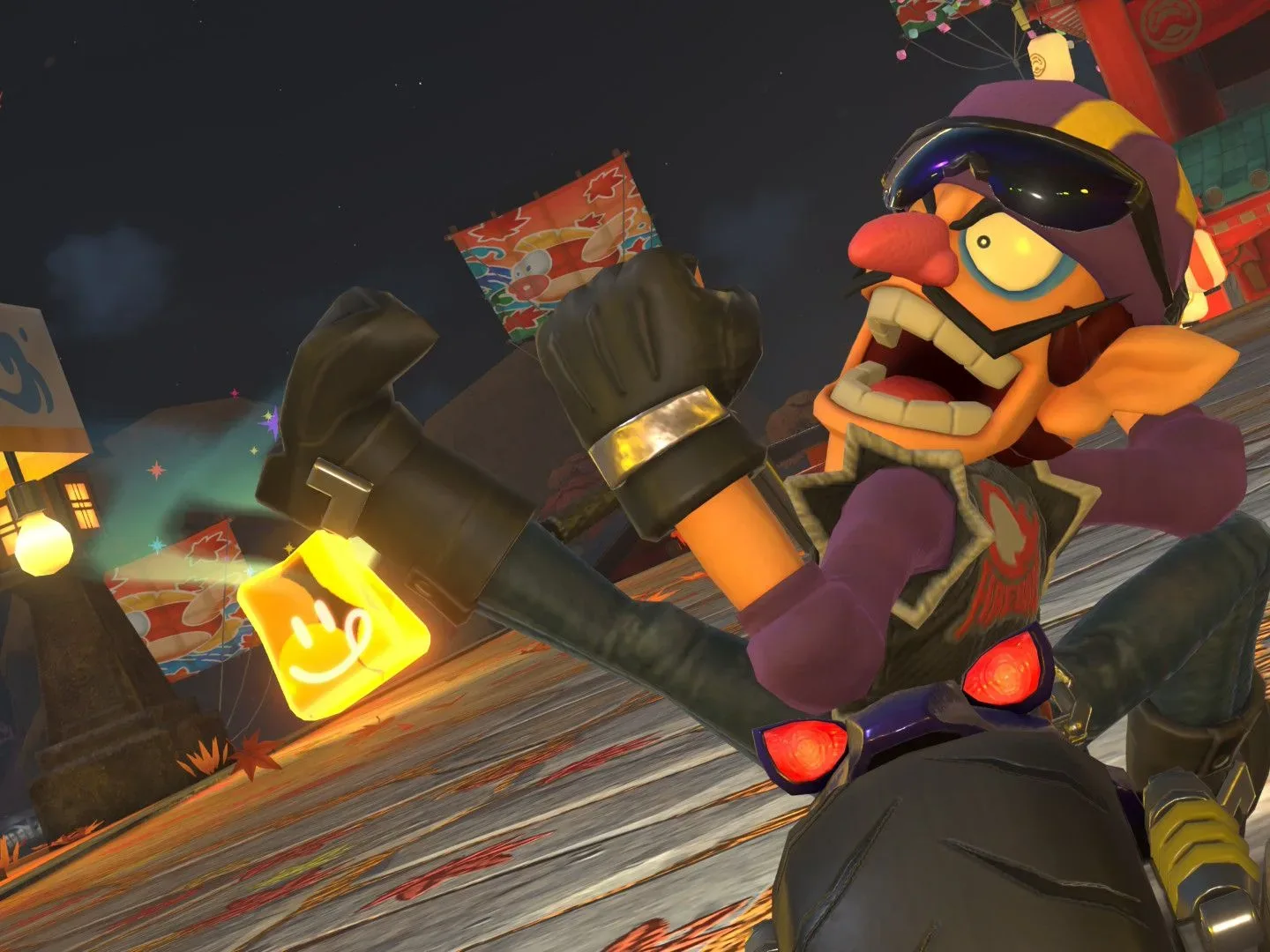 Biker Waluigi poses near the food stalls in Cheep Cheep Falls in Mario Kart World