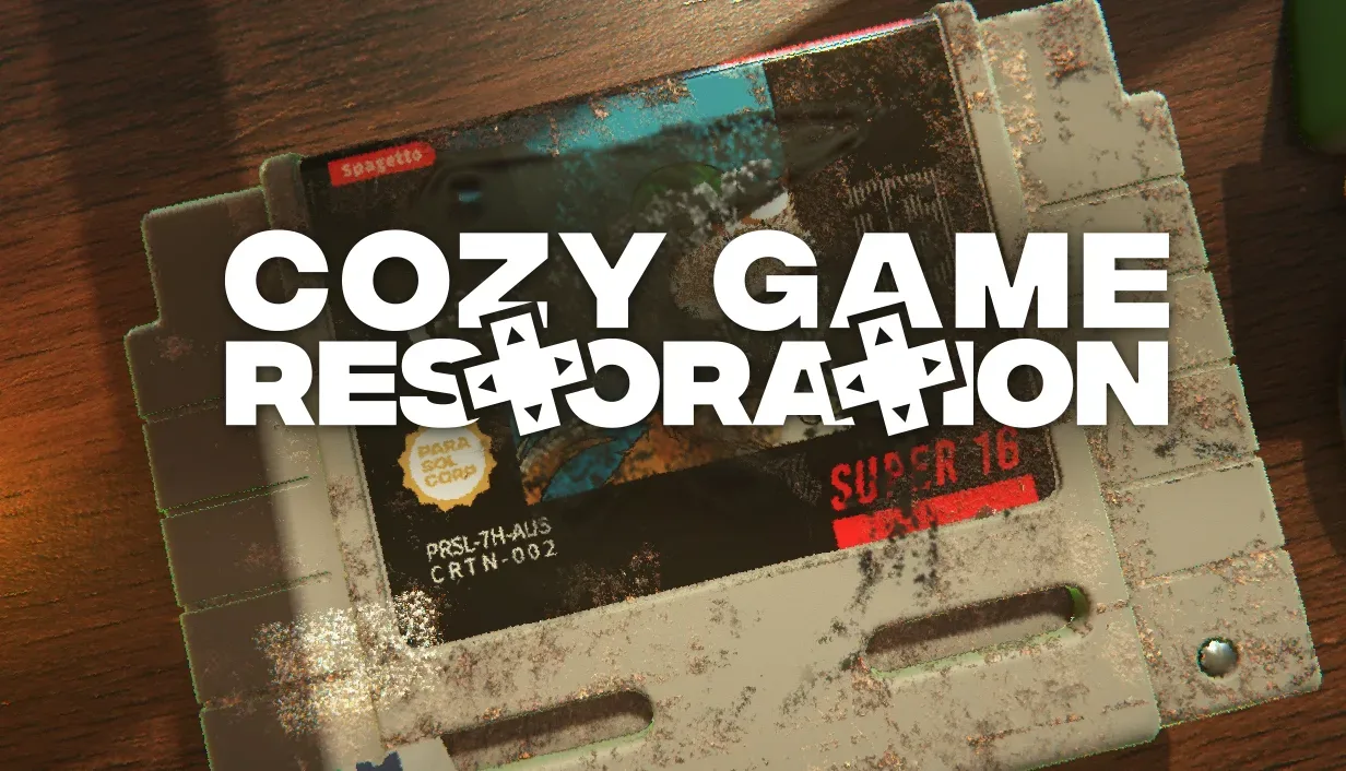 A retro-inspired game cartridge being cleaned in Cozy Game Restoration