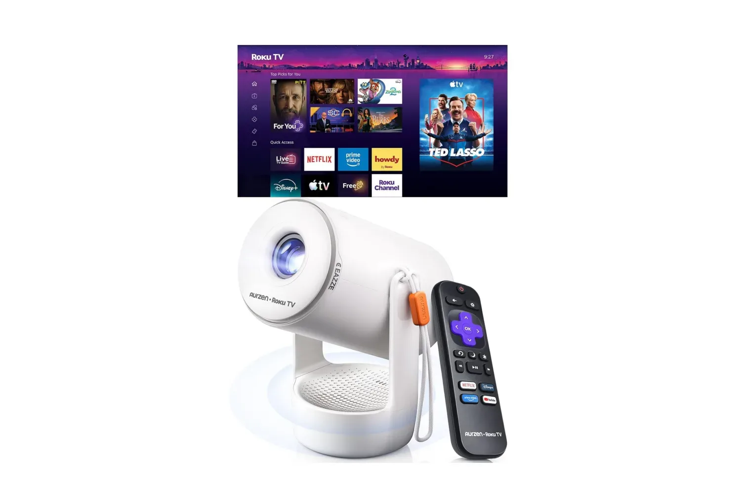 Aurzen Roku TV E1R mini projector displaying a streaming interface