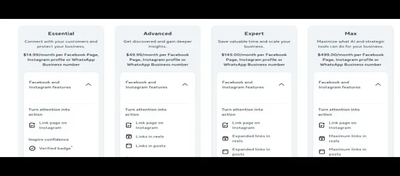 A screenshot of Meta's website detailing the Meta One plans.