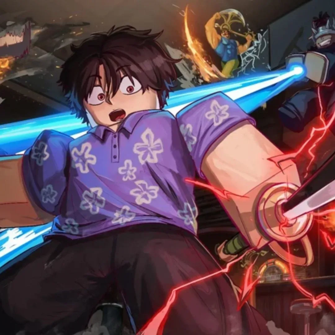 A boy in a purple short wields a glowing sword in Anime Zero on Roblox.
