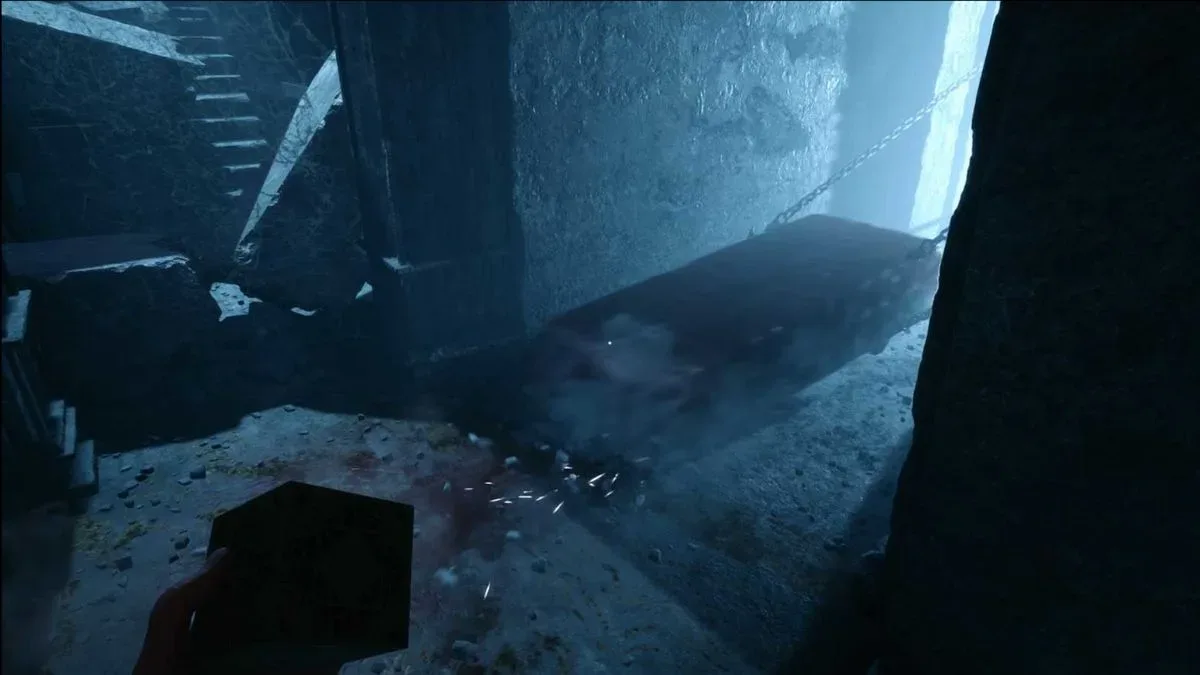 A screenshot of the Hellraiser Revival Easter Egg of a mattress being pulled by chains